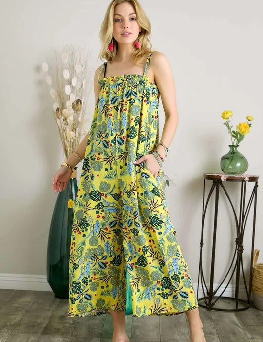 YELLOW ADORA Elastic Detail Tropical Jumpsuit | Jumpsuits Daverri Fashions