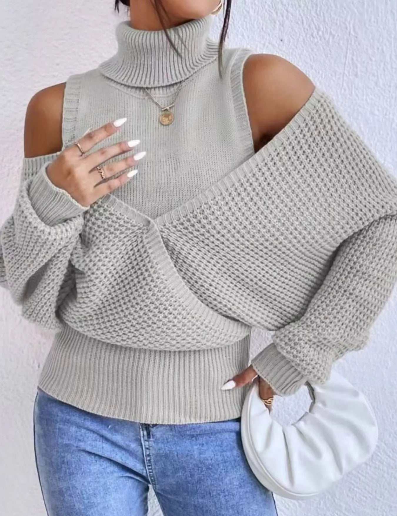 Grey Waffle Knit Cold Shoulder Turtleneck Sweater | Sweaters Daverri Fashions