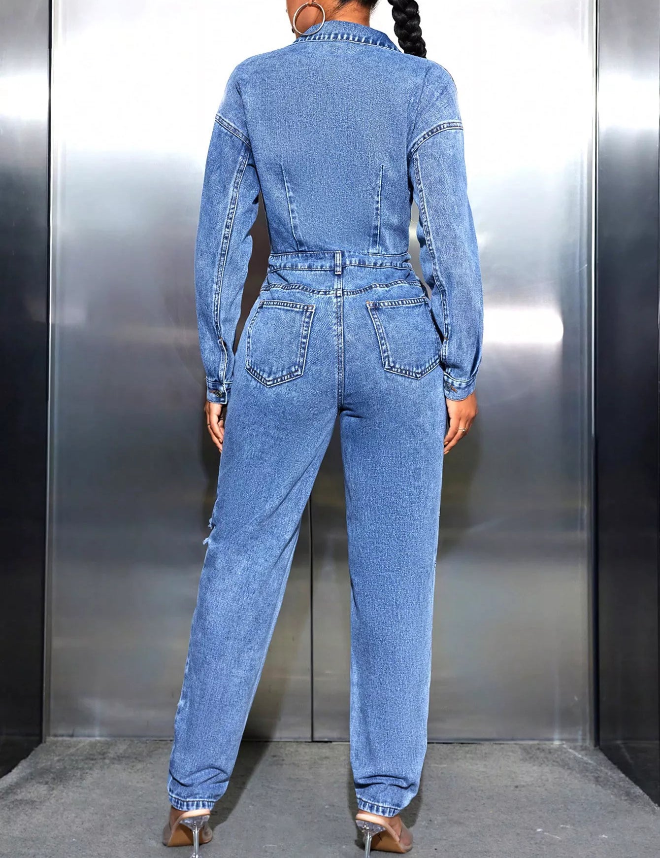 Distressed Long Sleeve Denim Jumpsuit | Jumpsuits Daverri Fashions