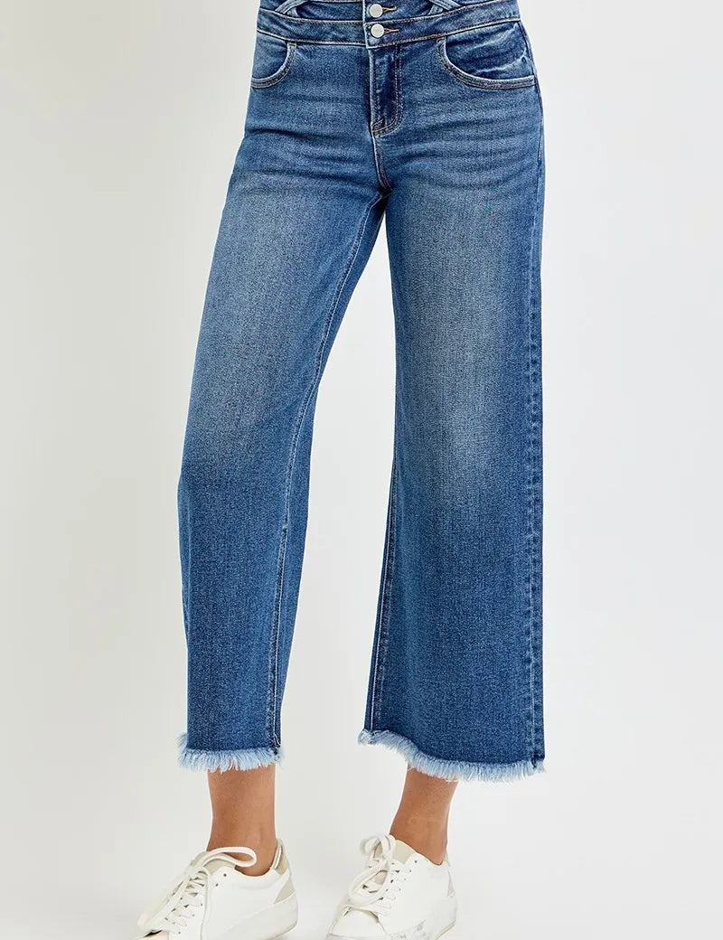 RISEN High Rise Crop Wide Leg Jeans with Wide Band Detail | Jeans Daverri Fashions