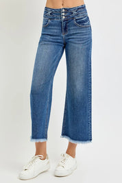 RISEN High Rise Crop Wide Leg Jeans with Wide Band Detail | Jeans Daverri Fashions