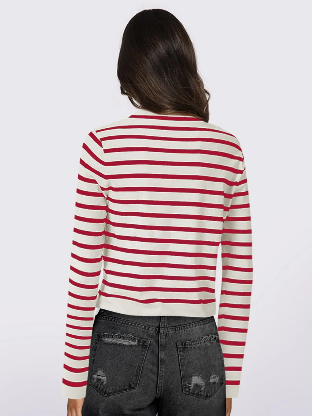 Striped Round Neck Button Up Long Sleeve Cardigan | Cardigans Daverri Fashions