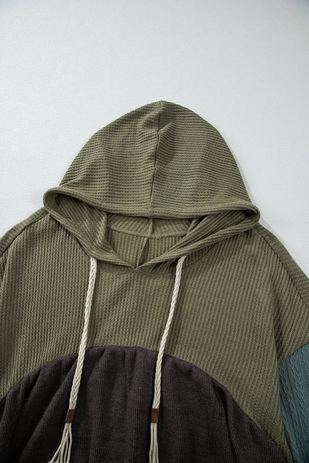 Waffle-Knit High-Low Color Block Hooded Long Sleeve Top | Tops Daverri Fashions