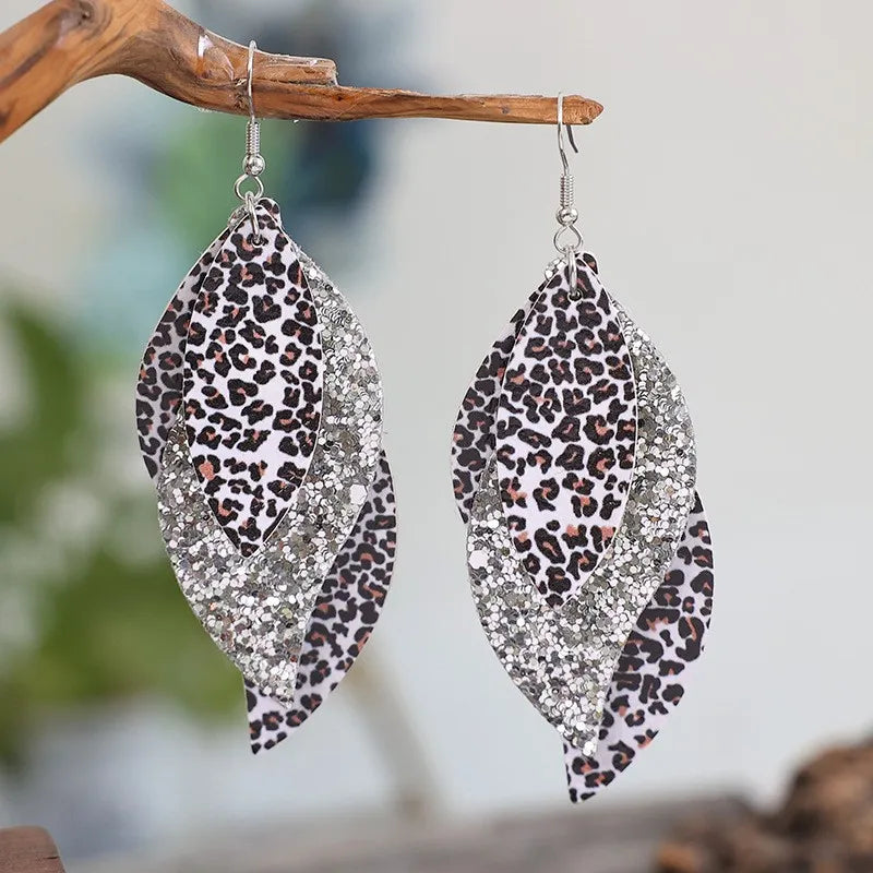 Silver One Size PU Leather Leopard Leaf Earrings | Earrings Daverri Fashions