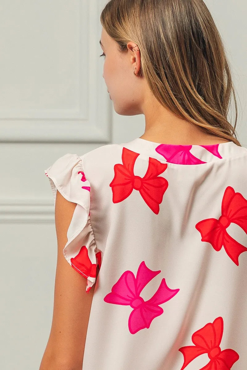 BiBi Bow Printed Woven Ruffled Sleeves V Neck Top | Tops Daverri Fashions