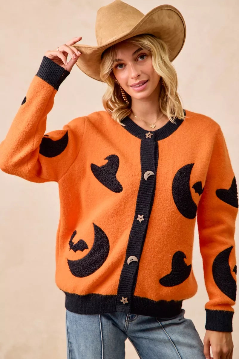 BiBi Halloween Witch Hat Moon Bat Artwork Cardigan | Cardigans Daverri Fashions