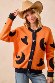 BiBi Halloween Witch Hat Moon Bat Artwork Cardigan | Cardigans Daverri Fashions