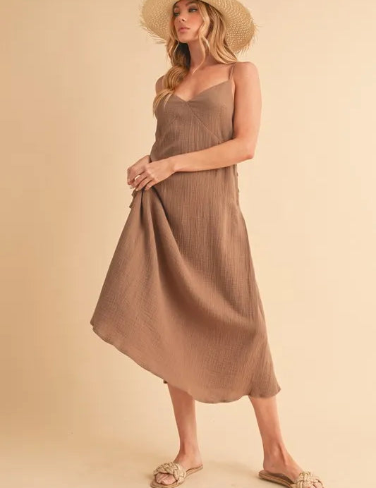 MOCHA Aemi+Co Side Button Midi Cami Dress | Daverri Fashions