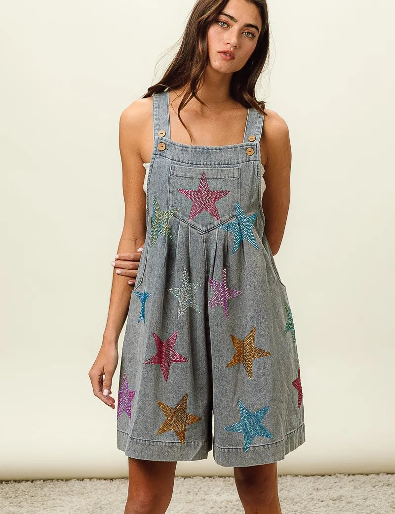 BiBi Star Rhinestone Washed Wide Leg Shortalls | Shortalls Daverri Fashions