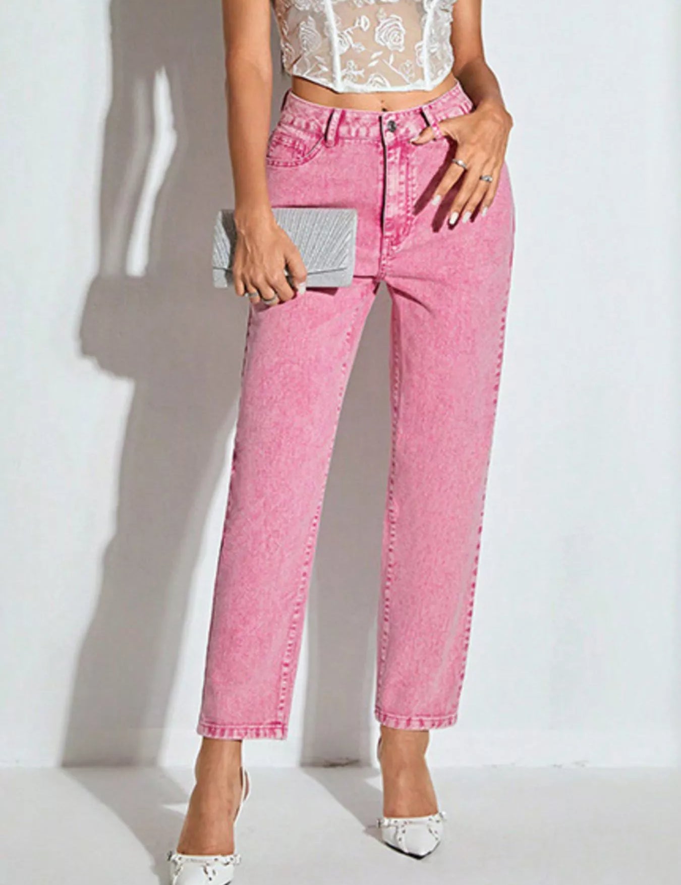 Dusty Pink High-Waisted Wash Straight Leg Jeans | Jeans Daverri Fashions