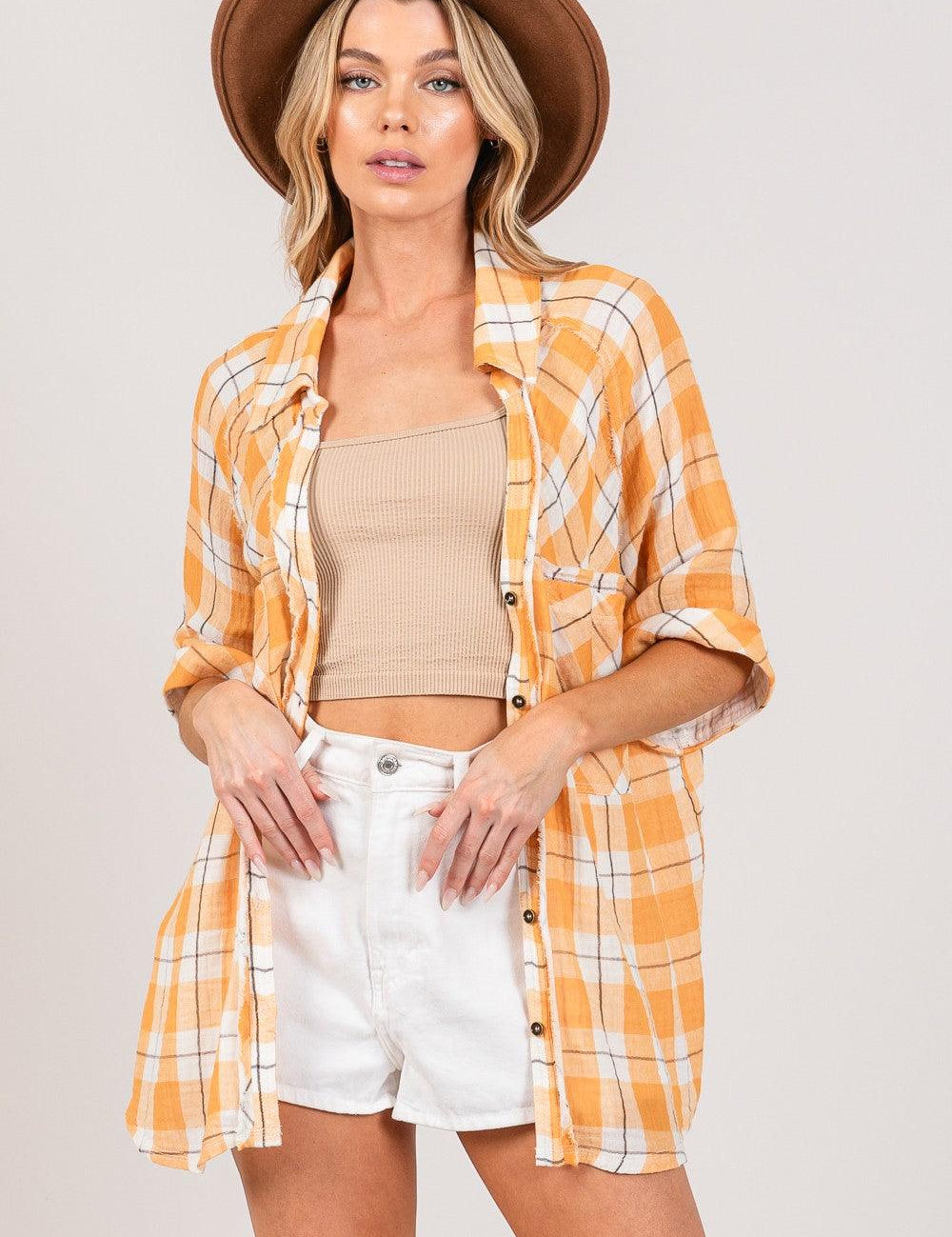 APRICOT SAGE + FIG Plaid Button Up Side Slit Shirt | Daverri Fashions