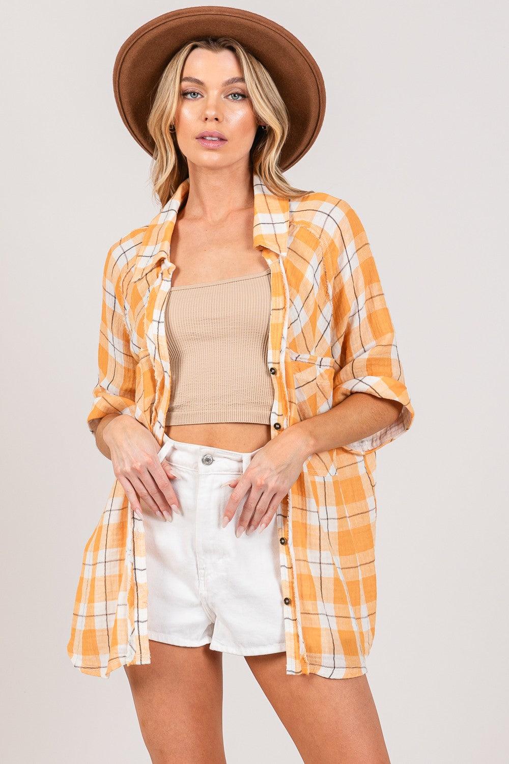 APRICOT SAGE + FIG Plaid Button Up Side Slit Shirt | Daverri Fashions