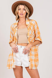 APRICOT SAGE + FIG Plaid Button Up Side Slit Shirt | Daverri Fashions