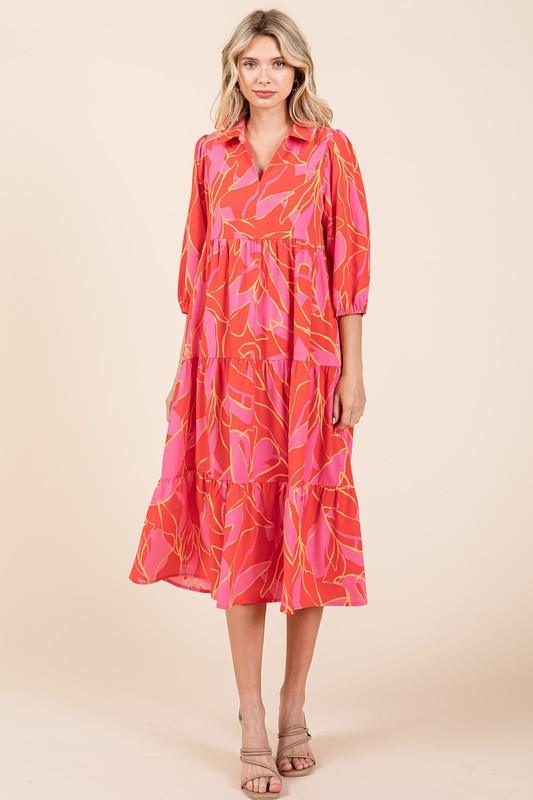 Mittoshop Tiered Printed Collared Neck Midi Dress | Mid Dresses Daverri Fashions