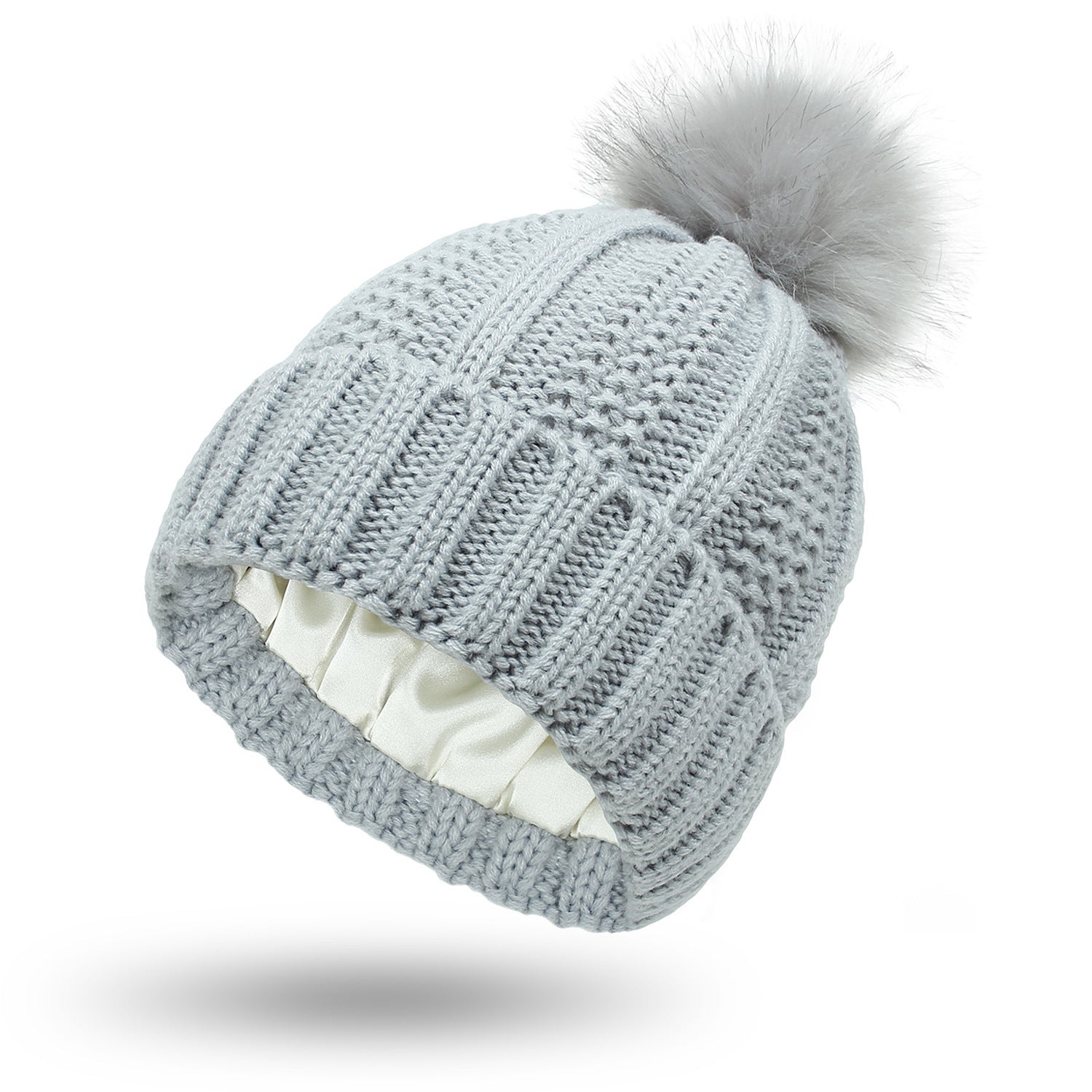 Light Grey One size Stretchy Satin-Lined Skull Knit Pom Pom Hat | Hats Daverri Fashions