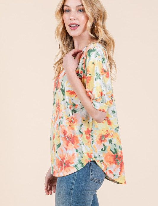 BOMBOM Floral Round Neck Puff Sleeve Top | Tops Daverri Fashions