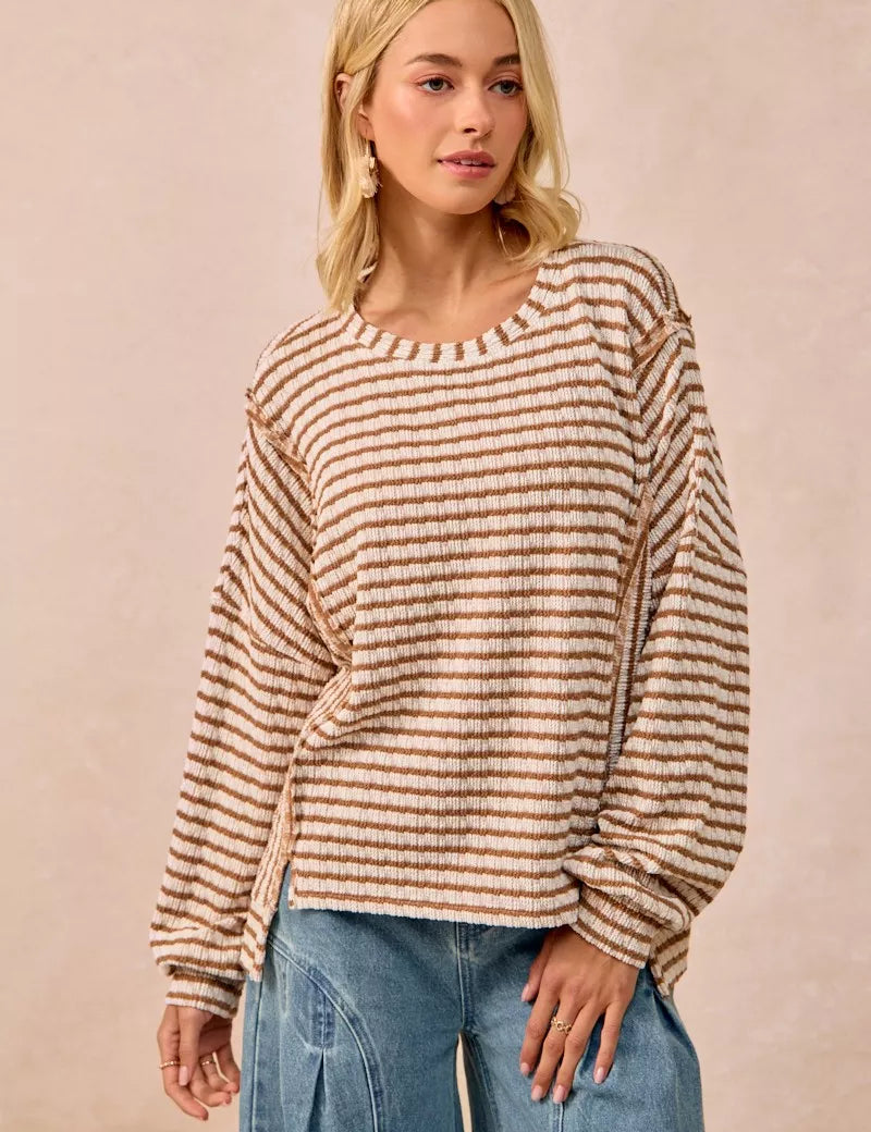 BiBi Open Seam Detail Textured Stripe Knit Top | Knit Tops Daverri Fashions