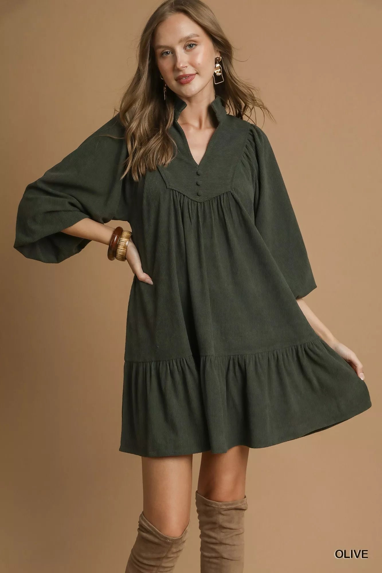 Olive Umgee Corduroy Tiered Babydoll Dress | Mini Dresses Daverri Fashions