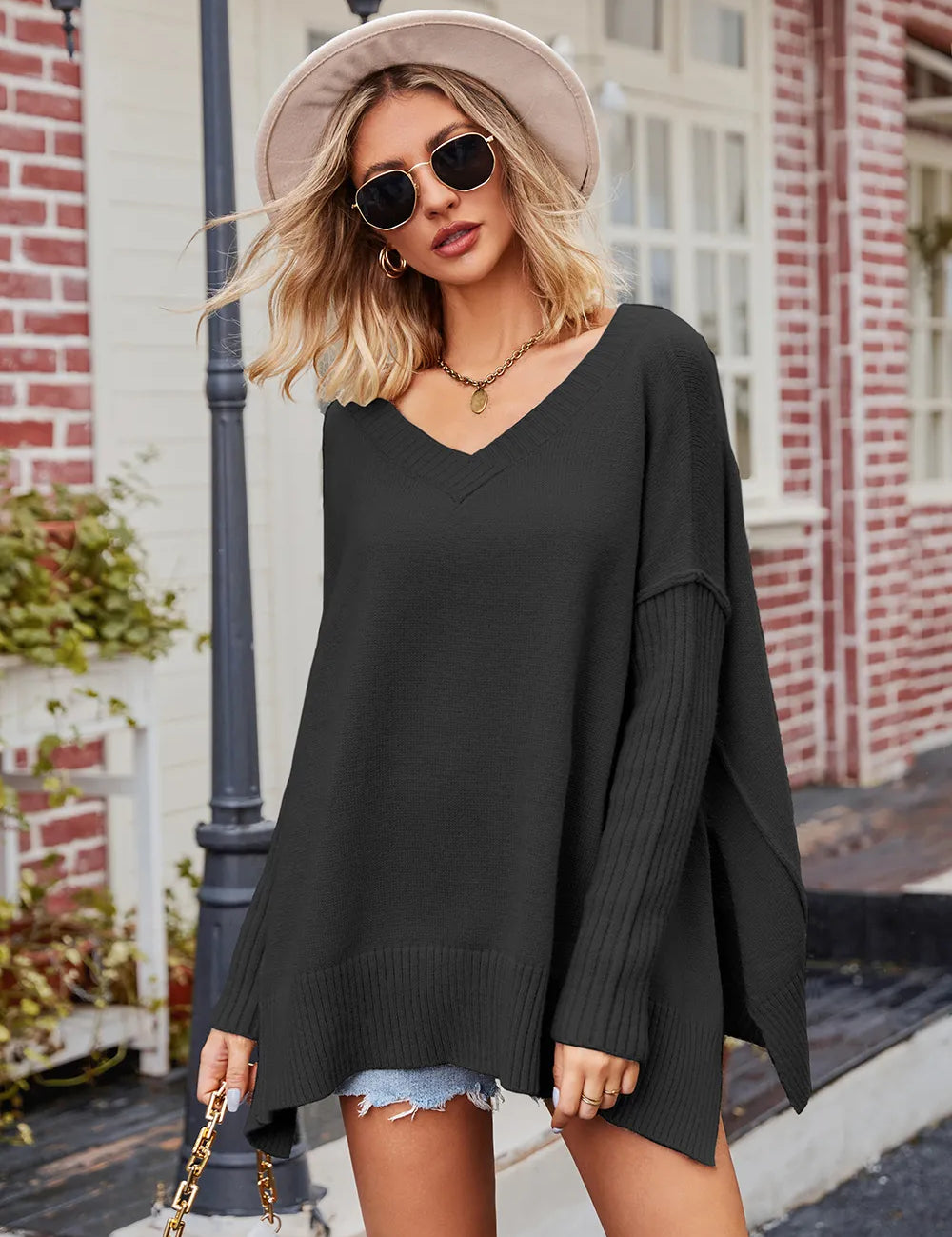 Black Slit V-Neck Dropped Shoulder Sweater | Sweaters Daverri Fashions