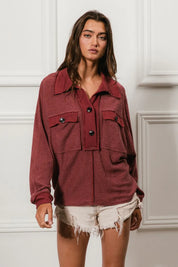 BiBi Cp French Terry Cut Edge Detail Collared Top | Tops Daverri Fashions