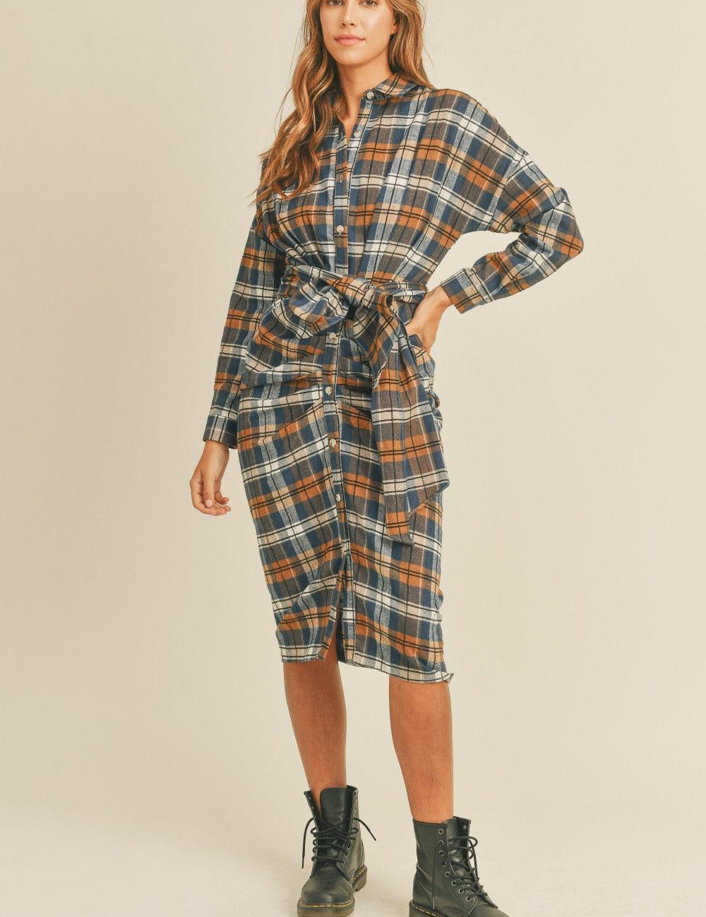 Camel Mable Plaid Flannel Front Tie Button Down Shirt Dress | Midi Dresses Daverri Fashions