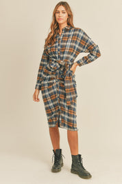 Camel Mable Plaid Flannel Front Tie Button Down Shirt Dress | Midi Dresses Daverri Fashions