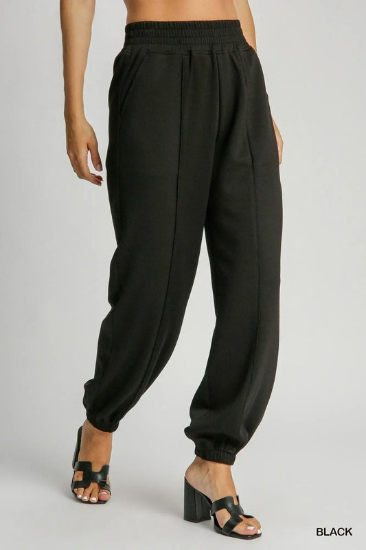 Umgee Drawstring Jogger Pants with Front Seam Detail Black - DAVERRI FASHIONS
