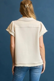 Umgee Frill Hem Half-Zip Collared Blouse | Daverri Fashions