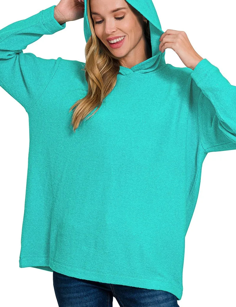 LT TEAL Zenana Hooded Brushed Melange Hacci Sweater | Sweaters Daverri Fashions