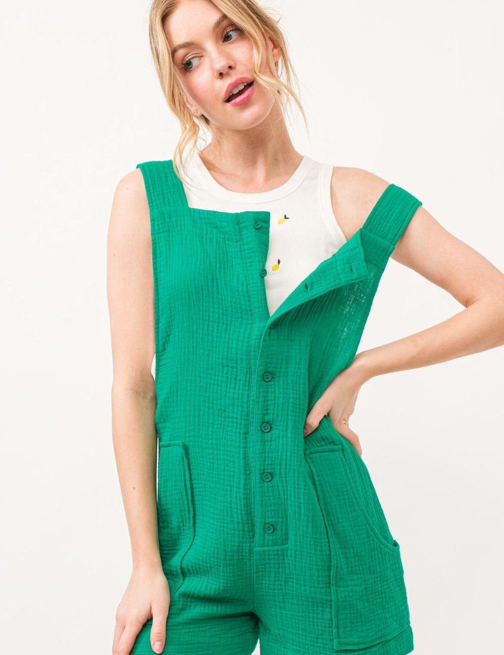 And The Why Button Up Tie Back Sleeveless Romper | Daverri Fashions