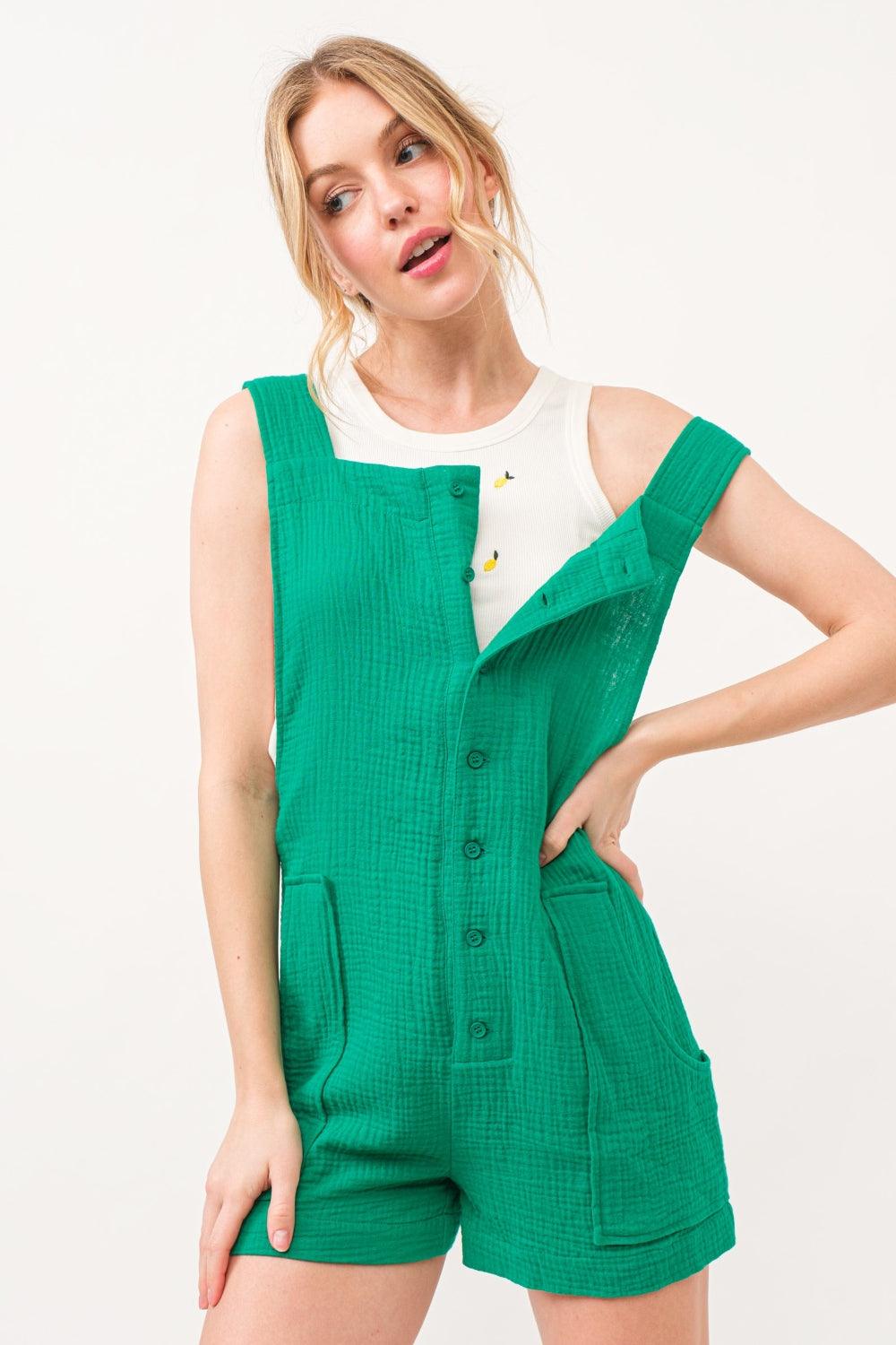 And The Why Button Up Tie Back Sleeveless Romper | Daverri Fashions