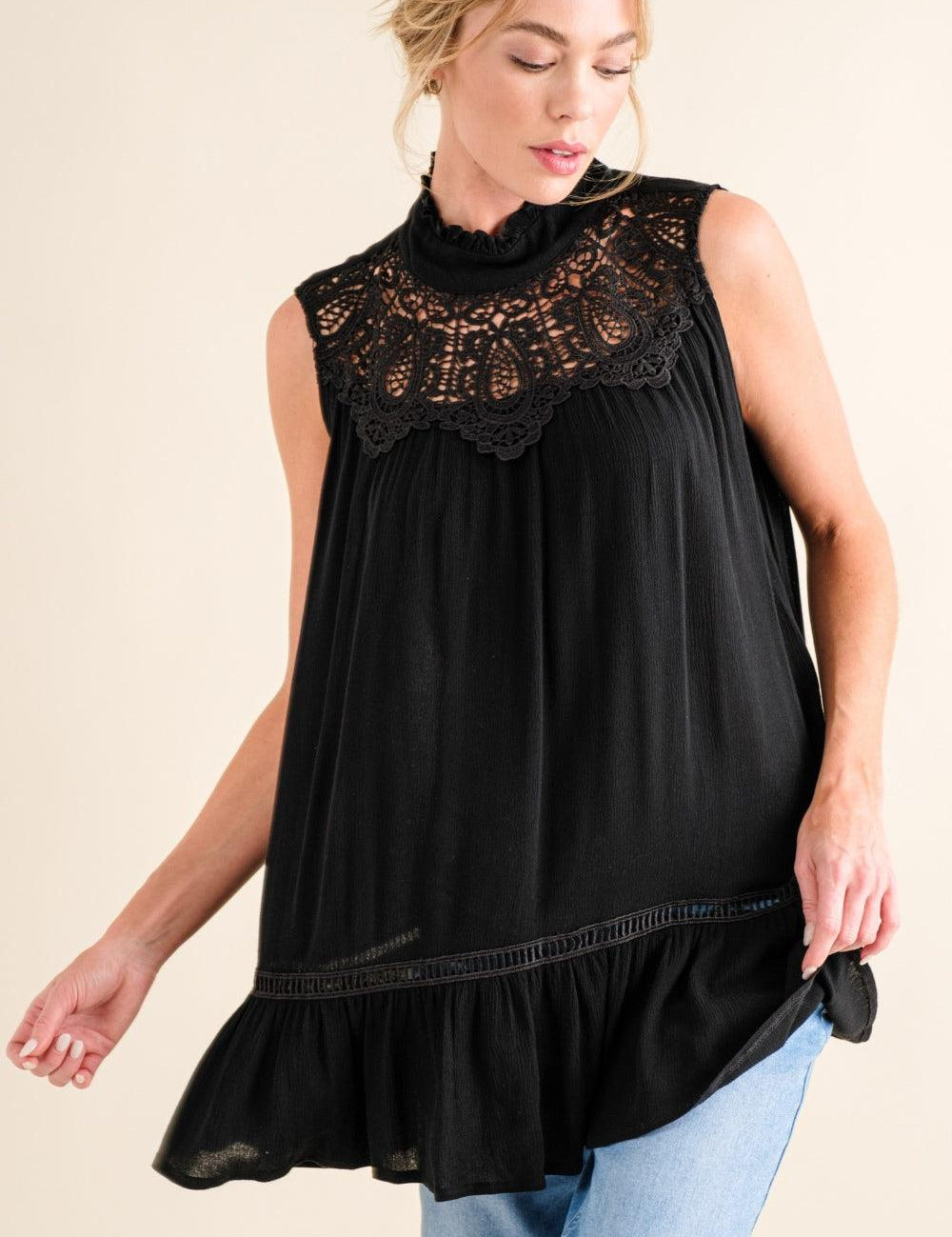 Black And The Why Lace Detail Sleeveless Ruffled Top | Tops Daverri Fashions