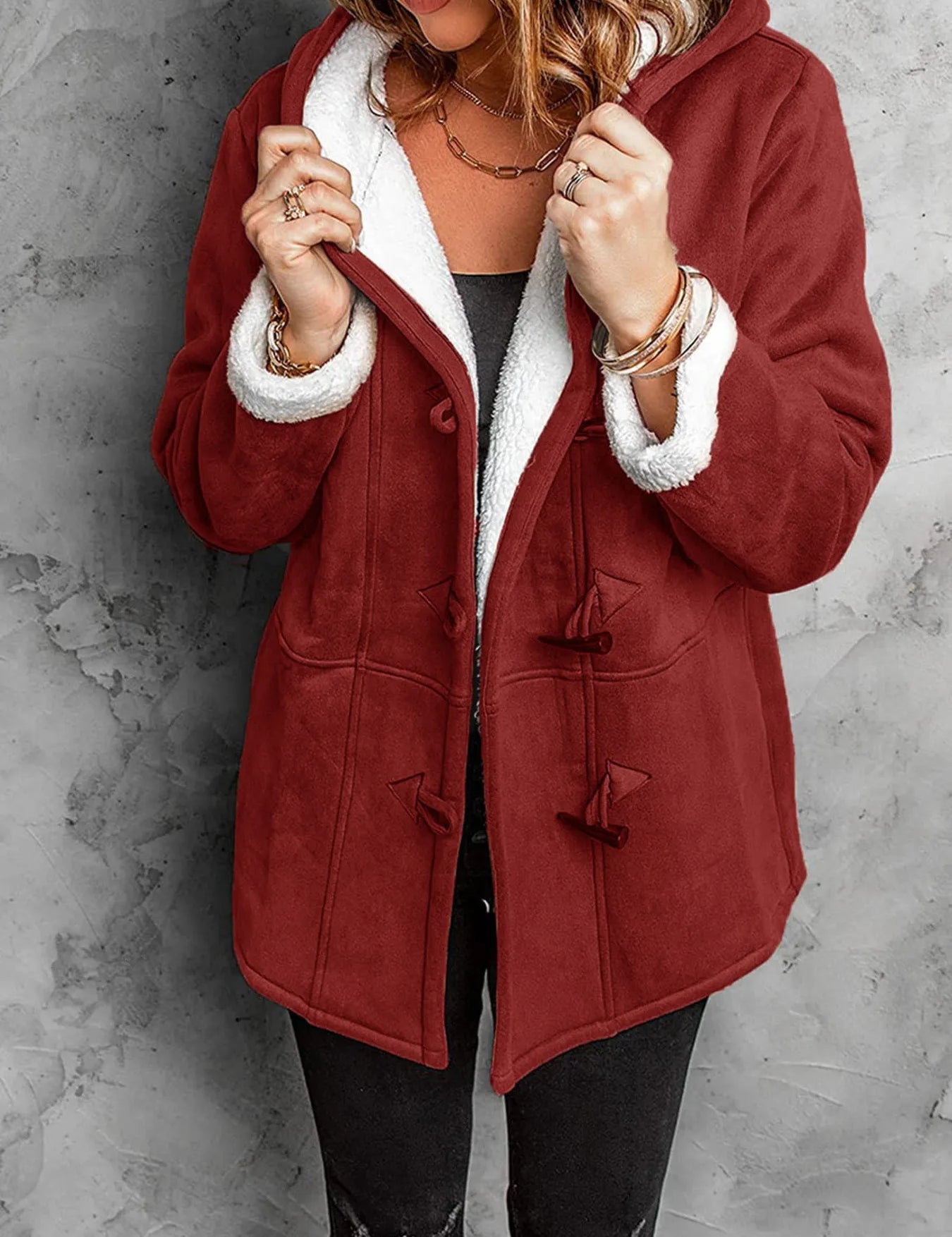 Burgundy Full Size Cozy Sherpa Lined Toggle Coat with Hood Plus Size | Coats Daverri Fashions