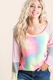 BiBi Tie Dye Terry Top with Color Block Pointelle Knit | Tops Daverri Fashions