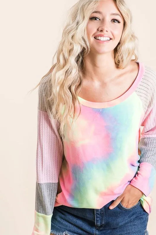 BiBi Tie Dye Terry Top with Color Block Pointelle Knit | Tops Daverri Fashions