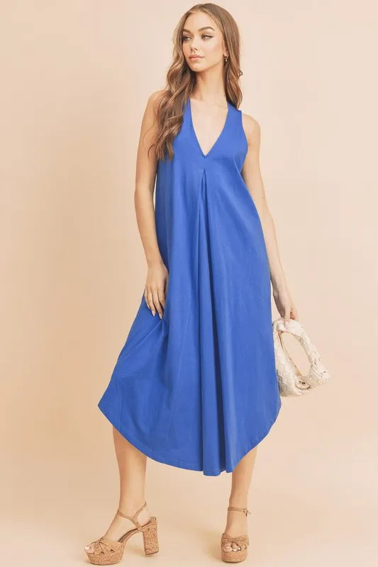 Aemi + Co Front Pleat Detail V-Neck Sleeveless Midi Dress | Daverri Fashions