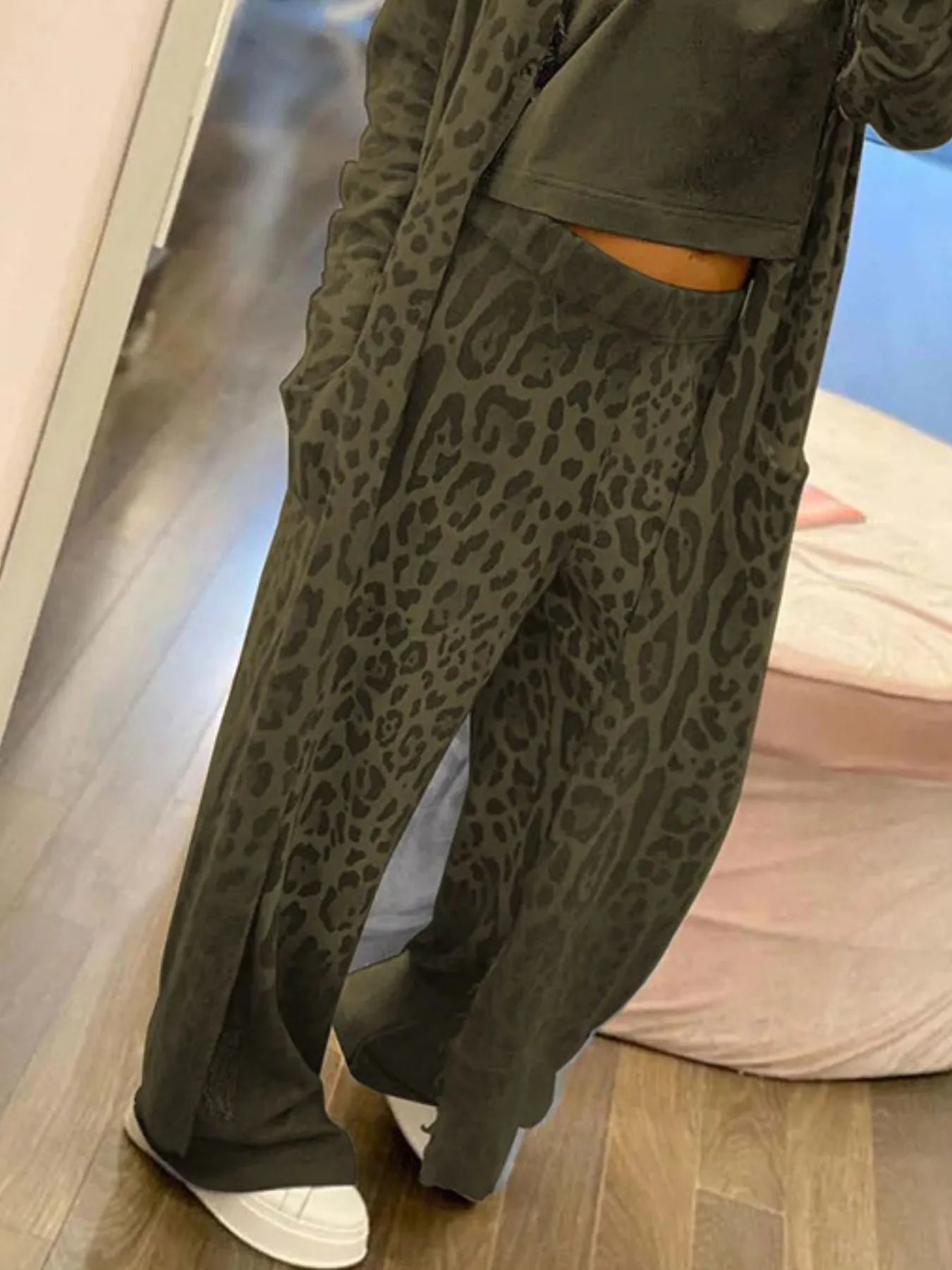 Long Sleeve Leopard Print Longline Top and Pants Set | Loungewear Sets Daverri Fashions