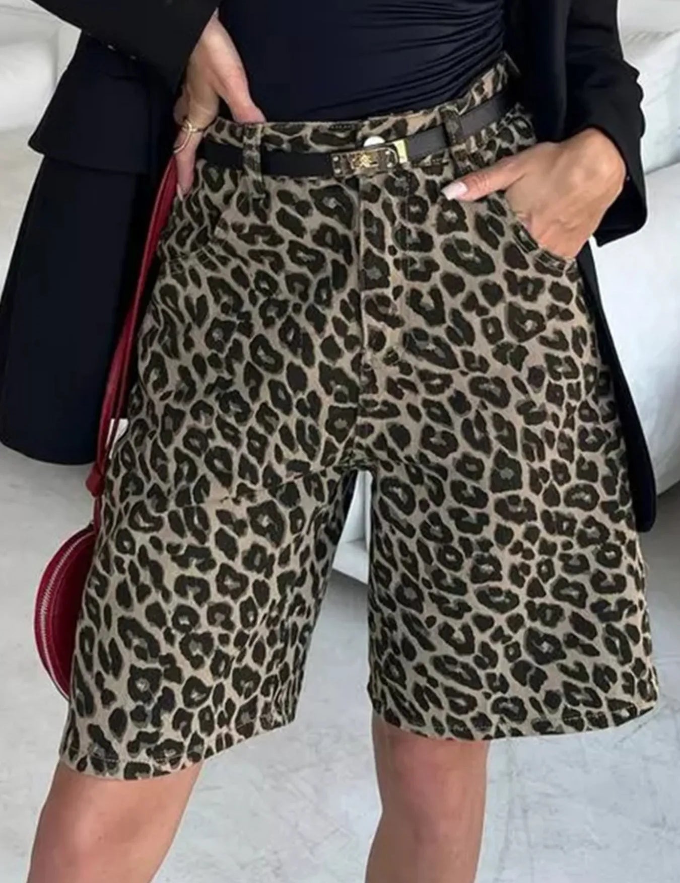 Brown Leopard Print High-Waisted Denim Shorts | Shorts Daverri Fashions