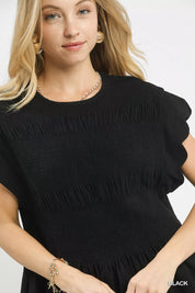 Umgee Linen Blend Smocked Peplum Blouse | Blouses Daverri Fashions