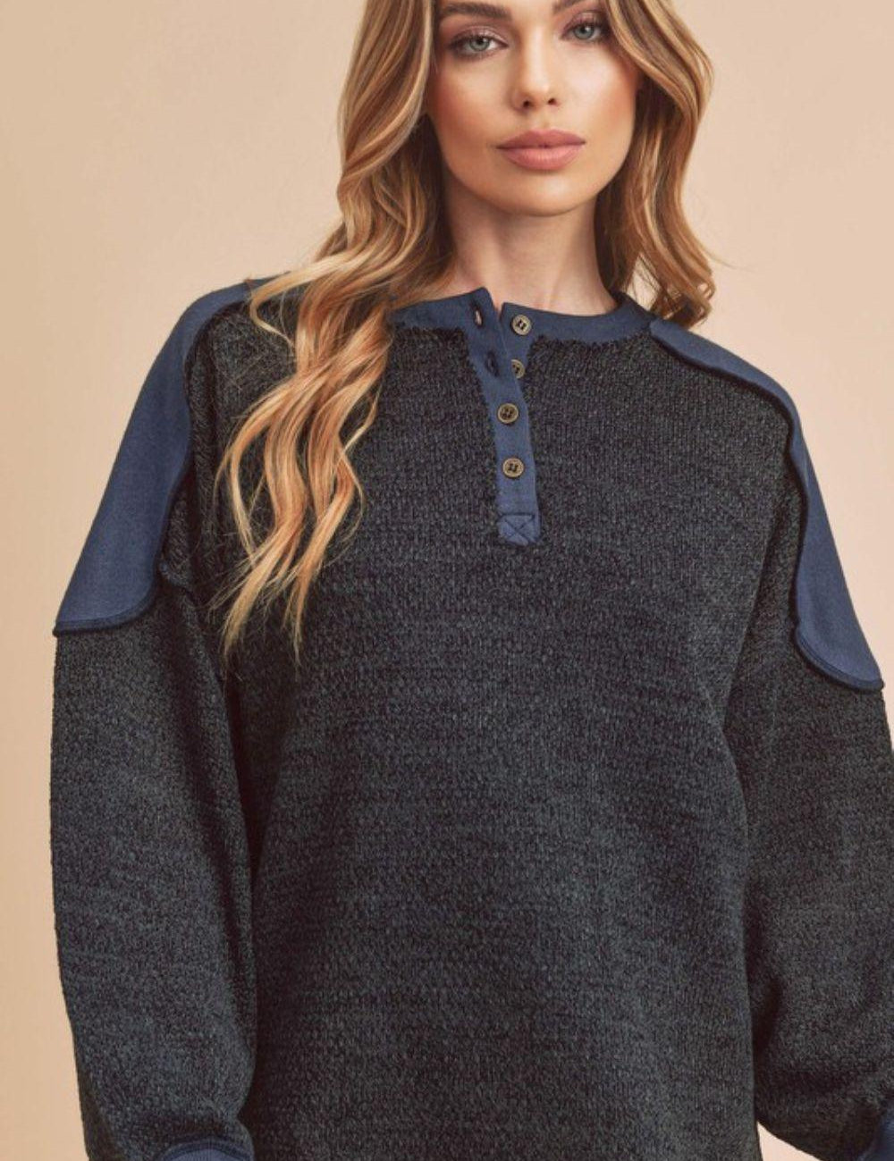 Dark Navy Aemi + Co Side Slit Button Detail Contrast Shoulder Sweatshirt | Sweatshirts Daverri Fashions