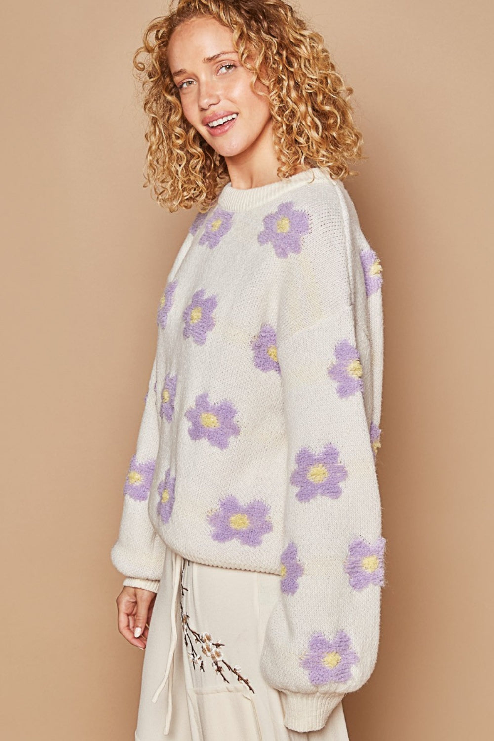 POL Daisy Pattern Drop Shoulder Sweater | Sweaters Daverri Fashions
