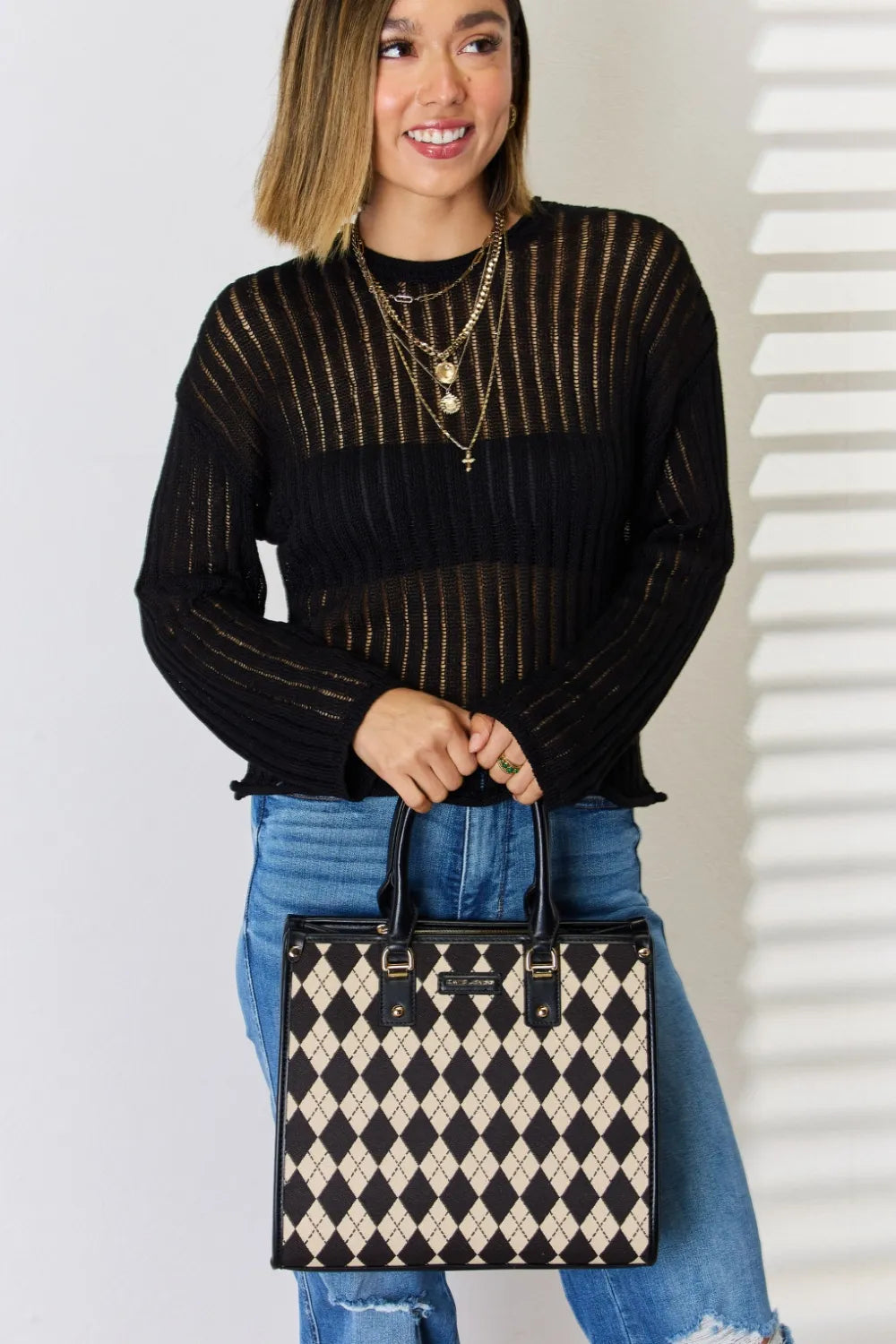 David Jones Argyle Pattern PU Leather Handbag | Handbags Daverri Fashions