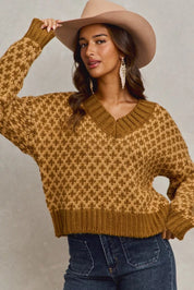 SO ME Color Block Textured Christmas Sweater V Neck Top | Sweaters Daverri Fashions