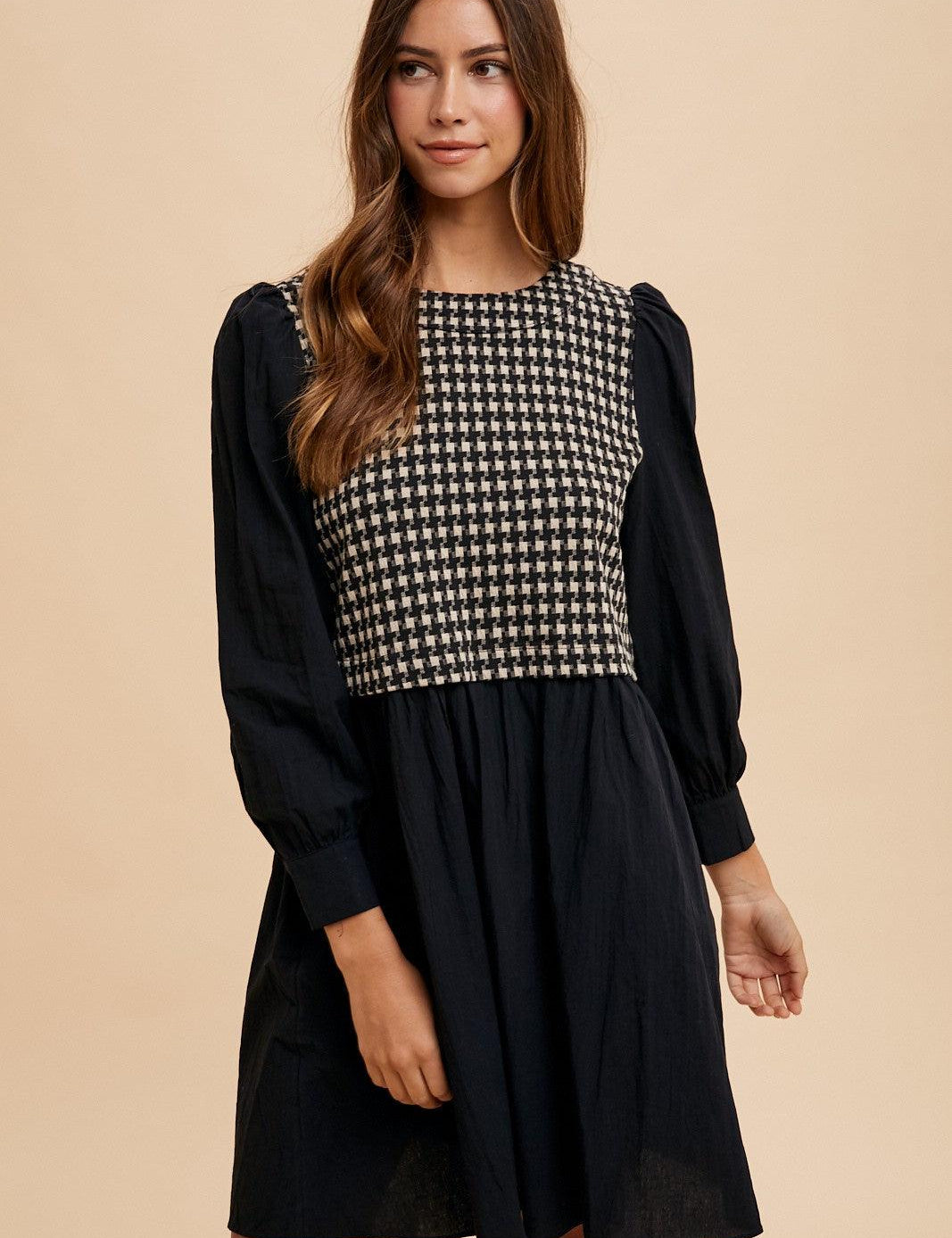 Black S Annie Wear Tie Back Plaid Round Neck Mini Dress | Daverri Fashions