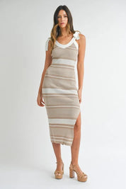 LT TAUPE M MABLE Striped Rib Knit Midi Dress | Midi Dresses Daverri Fashions
