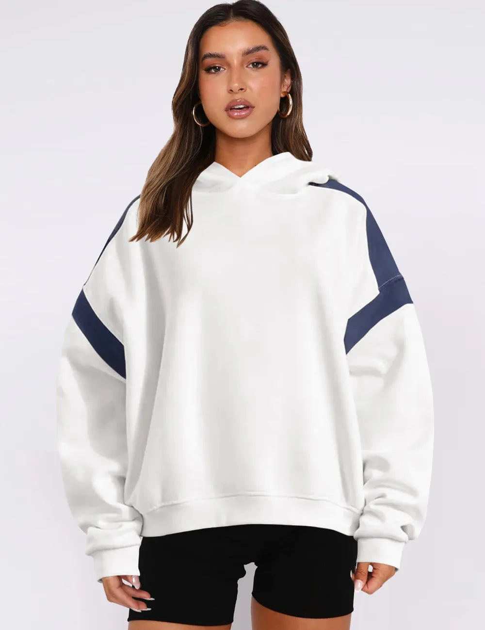 White Contrast Dropped Shoulder Long Sleeve Hoodie | Sweatshirts Daverri Fashions