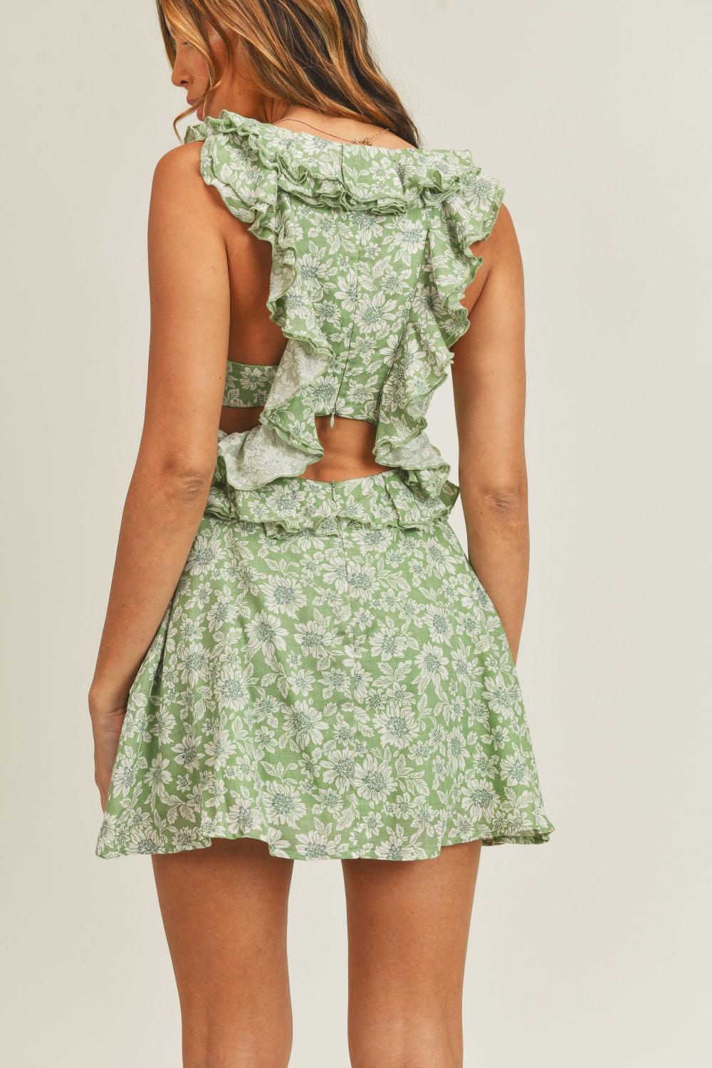 MABLE Floral Side Cutout Ruffled Mini Dress | Daverri Fashions