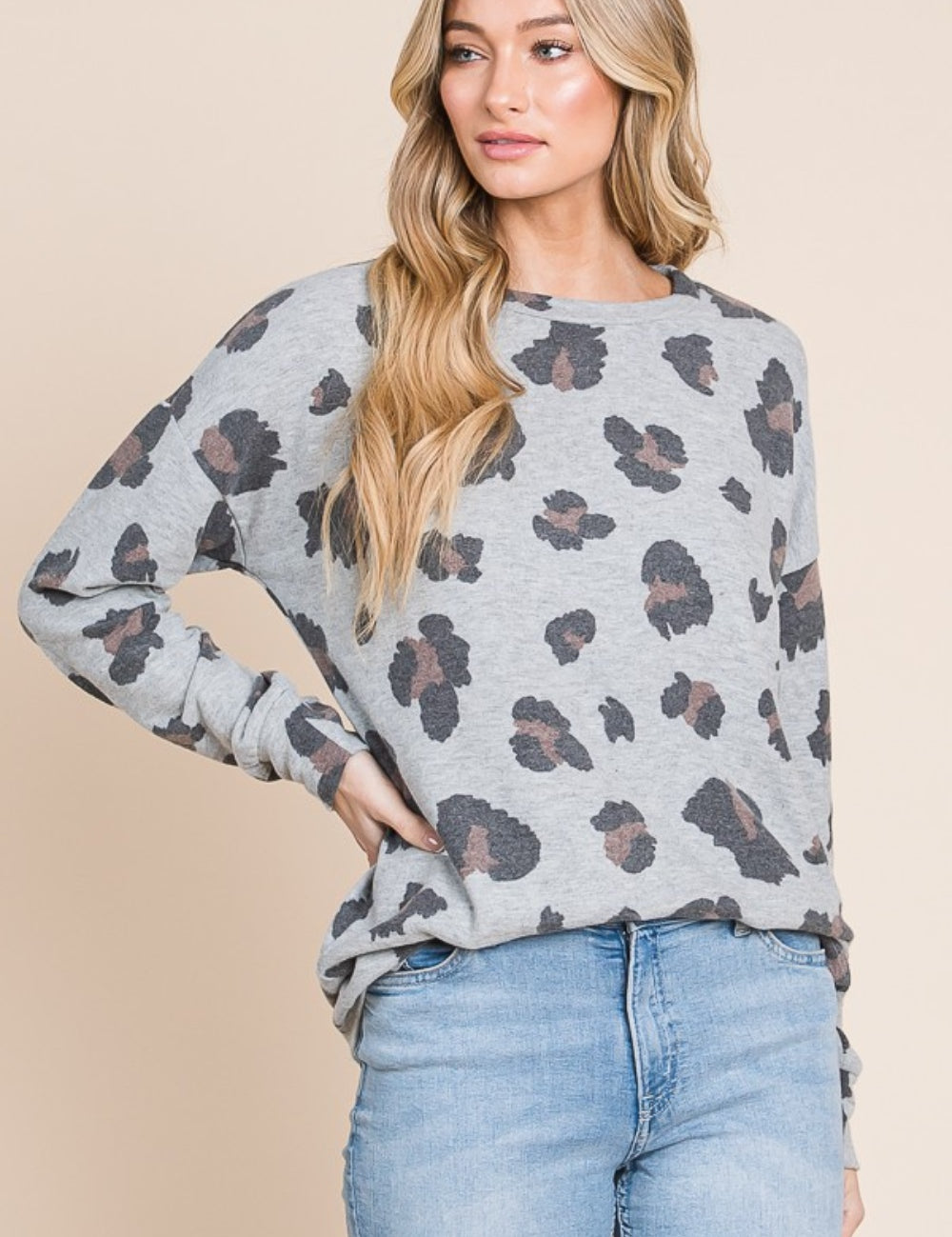 Gray BOMBOM Leopard Drop Shoulder T-Shirt | Daverri Fashions