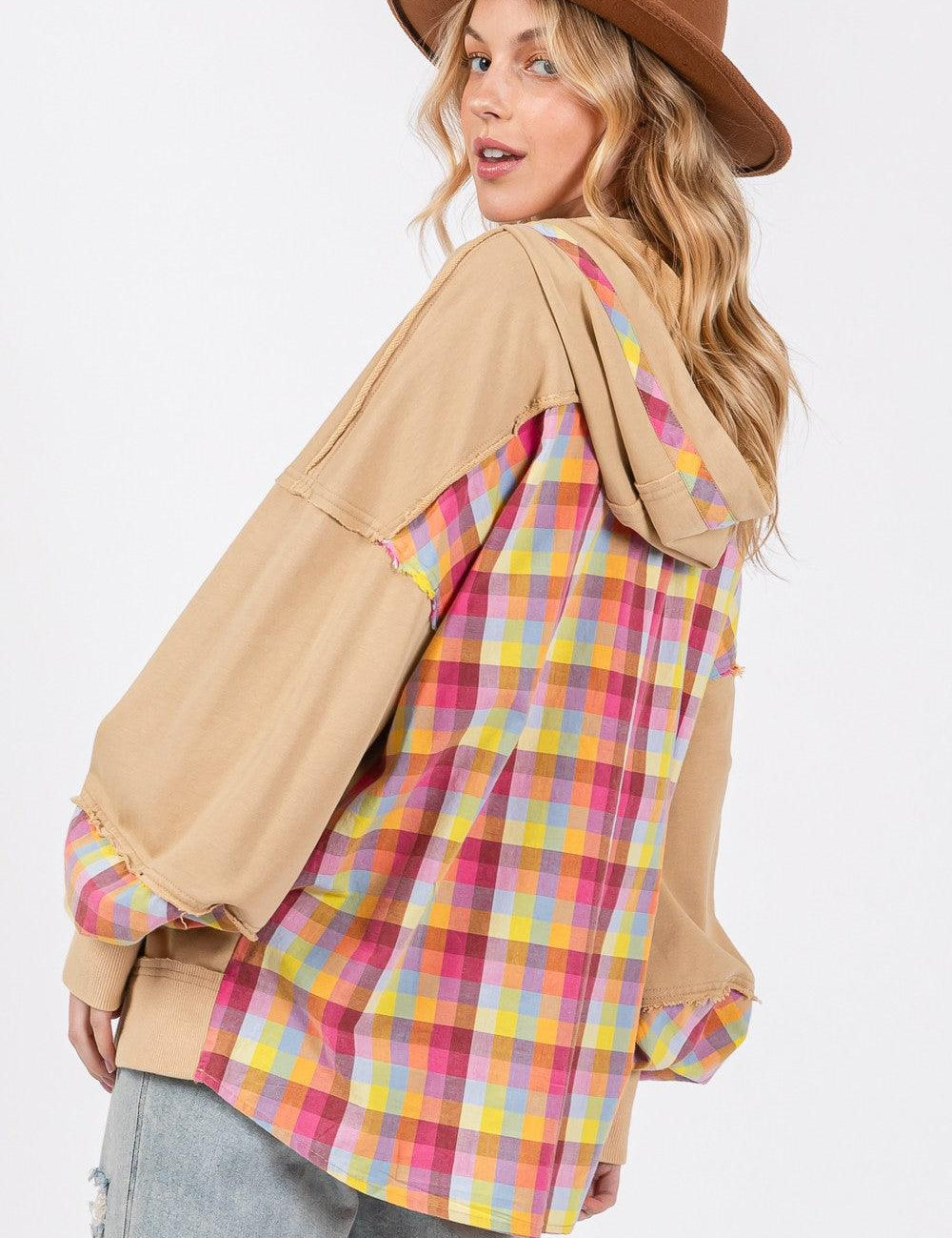 SAGE + FIG Full Size Plaid Print Washed Hoodie Plus Size | Hoodies Daverri Fashions