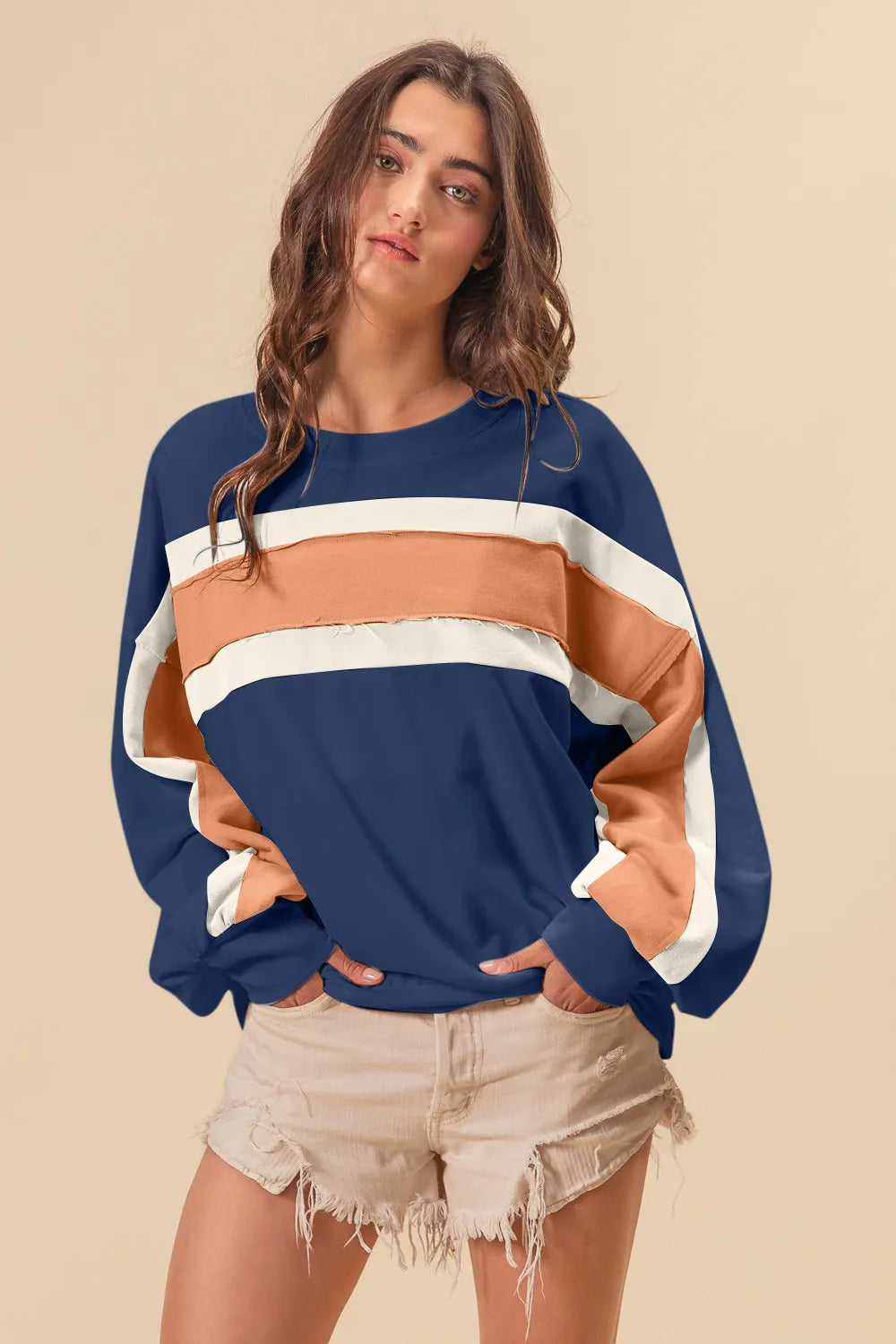 BiBi French Terry Color Block Cut Edge Detail Sweatshirt | Daverri Fashions